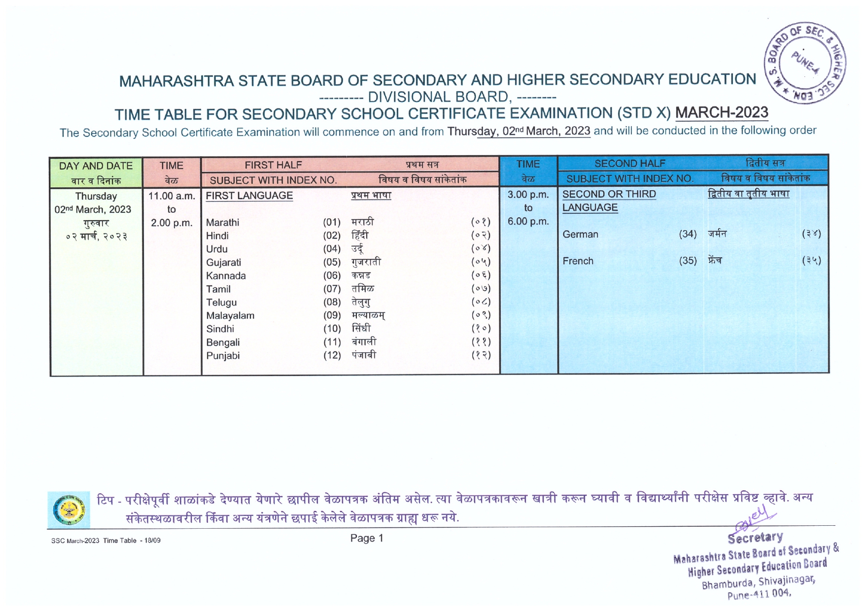 Board Exam Timetable