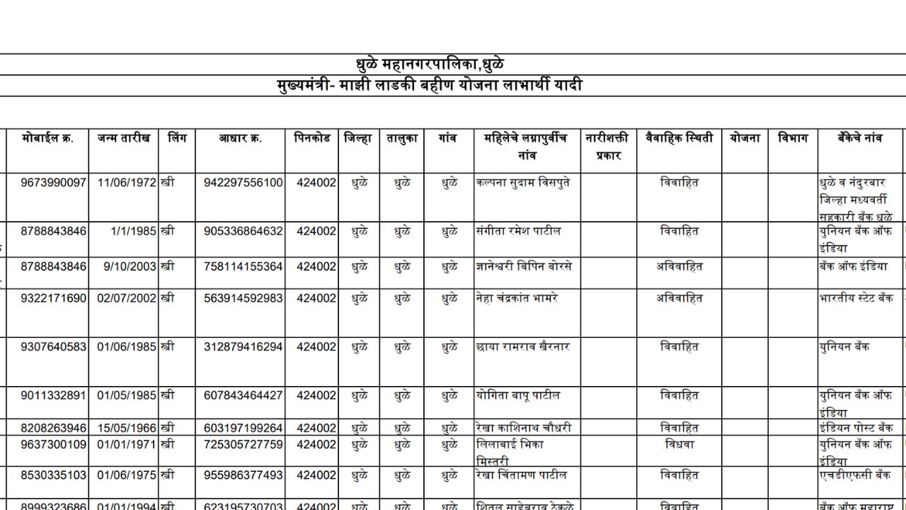 Ladki Bahin Yojana Lists